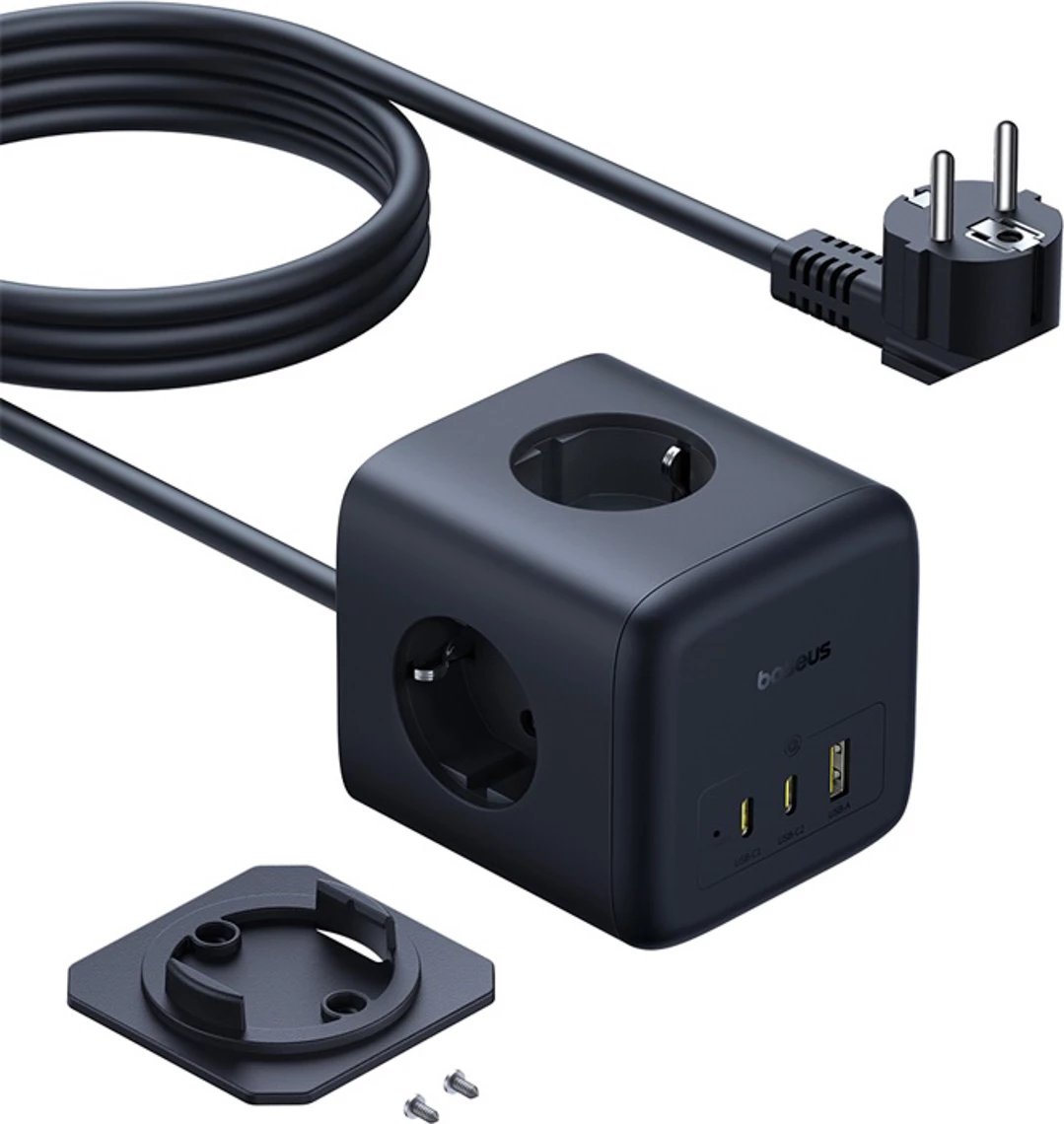 Prizë shumëfunksionale Baseus EnerFill FA11, 67W, 3x prizë EU + USB-A/USB-C, 1.5m, e zezë
