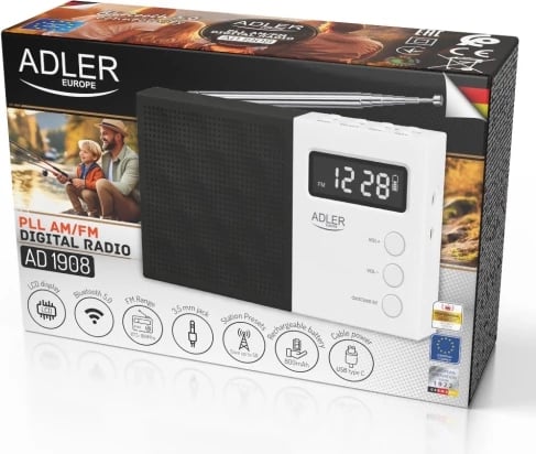 radio dixhitale PLL AM/FM, Adler AD 1908, Bluetooth 5.0, USB/SD, memorie 20 stacione, ekran LCD, 1.2 W, bateri 800 mAh, bardh e zezë