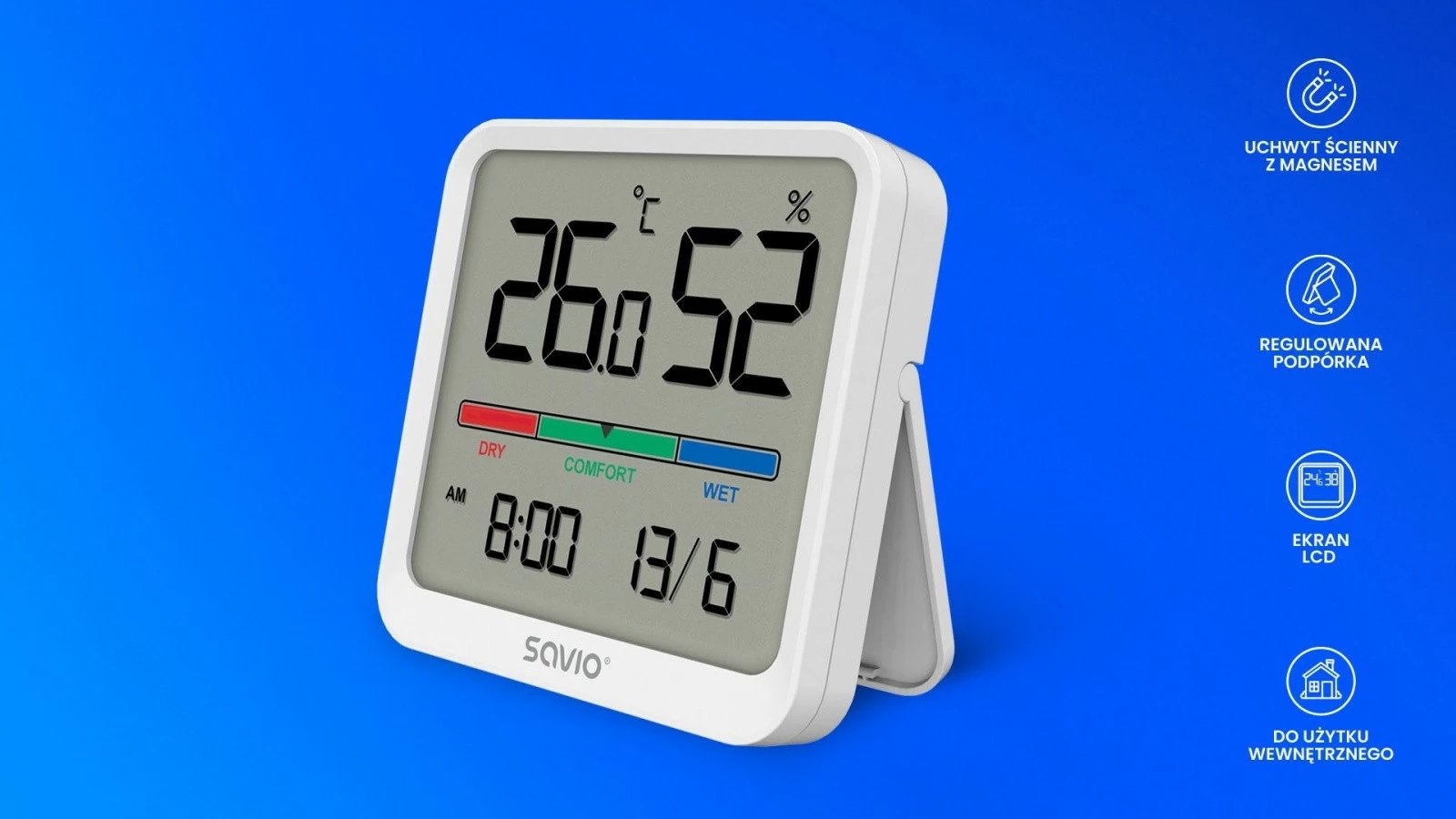Sensor temperature dhe lagështie Savio CT-01/W, me ekran LCD, orë dhe datë, i bardhë