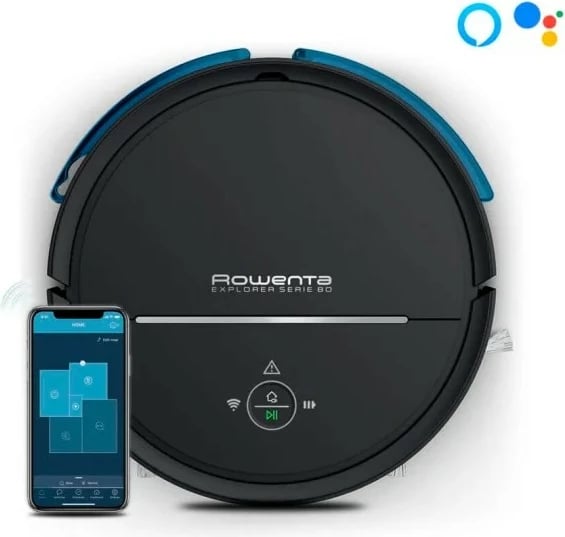 Fshesë me korrent robotike, Rowenta, X-Plorer Series 80 RR7755WH, 0.70L, deri 120 min, aplikacion dhe asistentë zanorë, e zezë