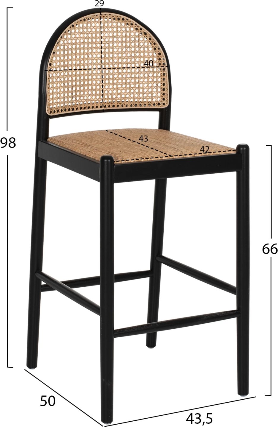 Karrige për bar, dru ahu, ratan natyral, ngjyrë e zezë dhe bezhë, 46x48x94H cm, FH9408.02