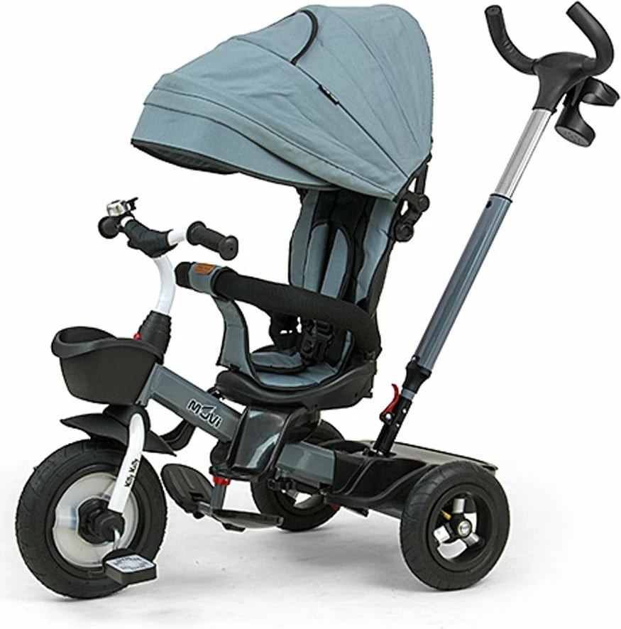 Tricikel për fëmijë Milly Mally Movi sedile 360°, rrota të fryra, dorezë prindi e rregullueshme, tendë palosëse, gri