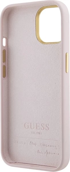 Mbështjellës Guess Silicone Script Metal Logo & Frame për iPhone 15, Rozë