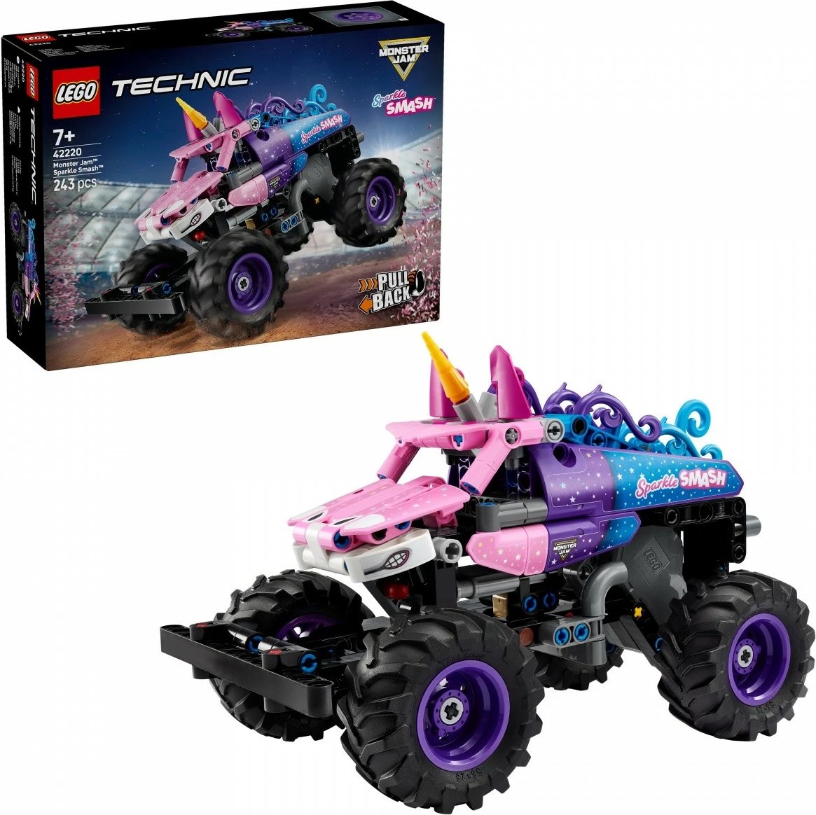 Set kocka LEGO Technic, Sparkle Smash Monster Jam, 42220, 243 pjesë, motor me tërheqje, 7+