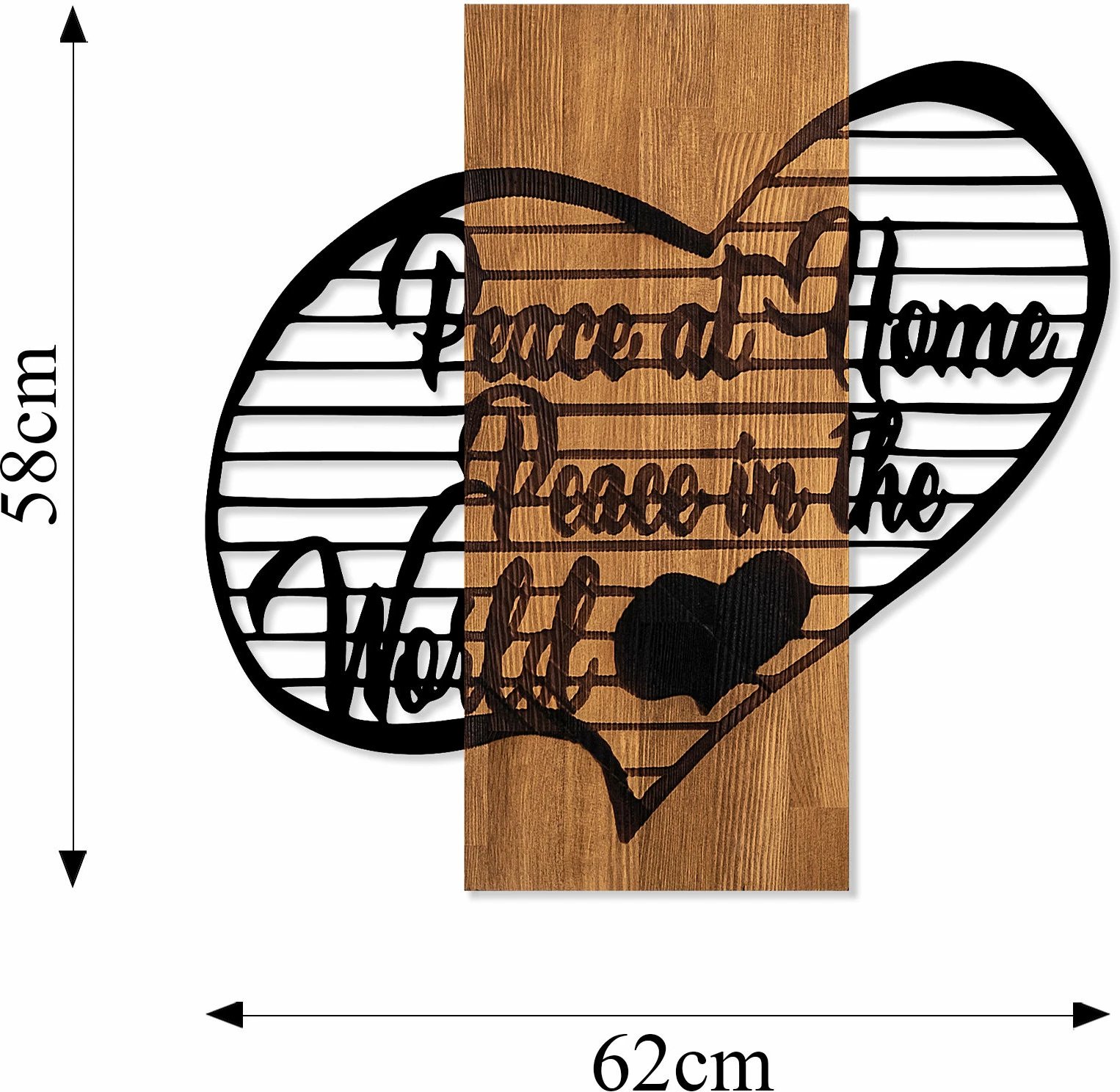 Aksesor dekorativ druri për mur, Peace At Home Peace in The World, ngjyrë arre dhe e zezë, 58x59cm