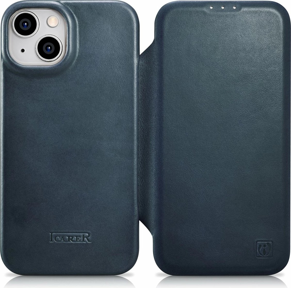 Mbështjellës iCarer Oil Wax Premium Leather Folio për iPhone 14 Plus, MagSafe, kaltër