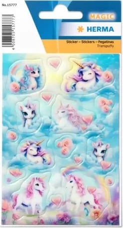 Sticker HERMA Happy Unicorns, transpuffy, 17 copë, multikolor