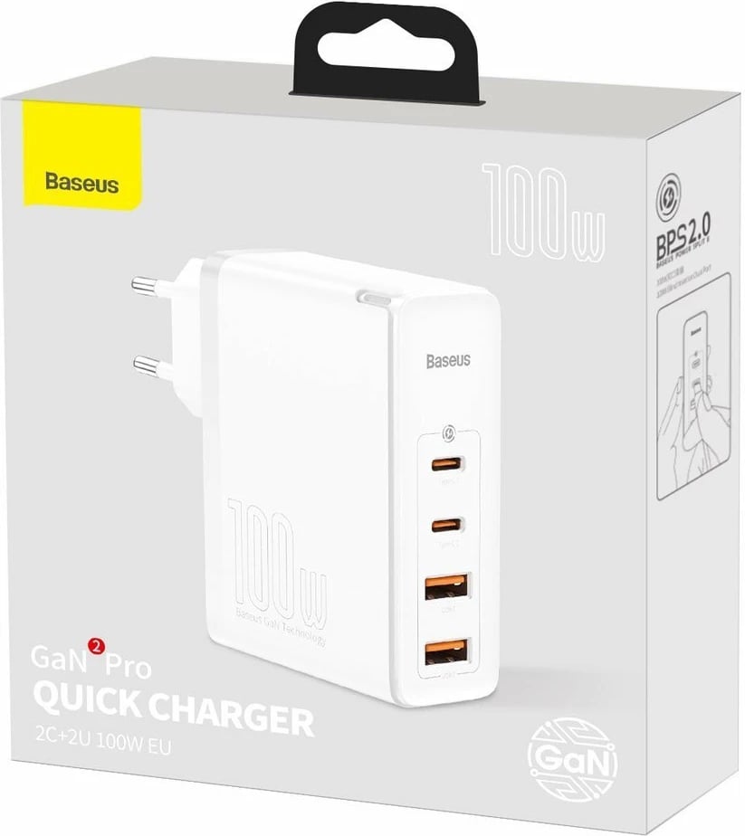 Karikues muri Baseus GaN2 Pro, 100W, 4 porta (2x USB-C, 2x USB-A), i bardhë