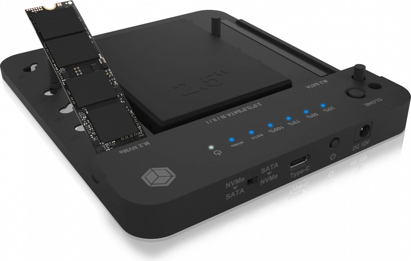 Stacion docking dhe klonimi IcyBox IB-2915MSCL-C31 për SSD/HDD M.2 NVMe, SATA 2.5''/3.5'', i zi