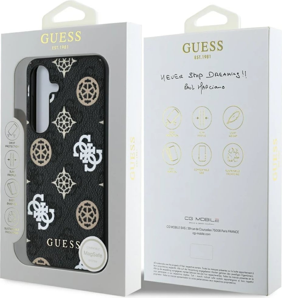Mbështjellës Guess 4G Printed Colored Peony Pattern MagSafe për Samsung Galaxy S25, i zi Mbështjellës Guess 4G Printed Colored Peony Pattern MagSafe për Samsung Galaxy S25, i zi