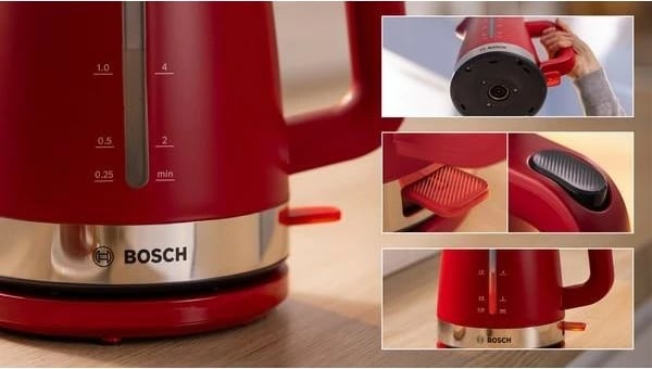 Çajnik Bosch TWK4M224, 1.7 L, 2400 W, Inoks, Kuqe Çajnik Bosch TWK4M224, 1.7 L, 2400 W, Inoks, Kuqe