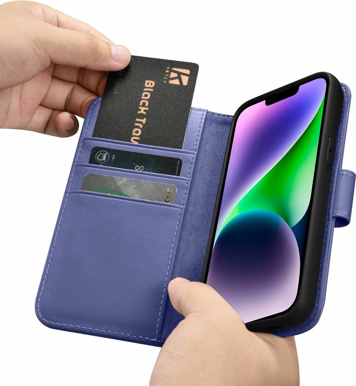 Mbështjellës iCarer Wallet Case 2in1 për iPhone 14, lëkurë natyrale, Anti-RFID, Vjollcë e çelët