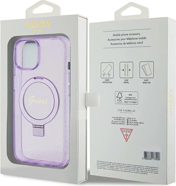 Mbështjellës Guess Ring Stand Script Glitter MagSafe për iPhone 15 Plus / 14 Plus, vjollcë