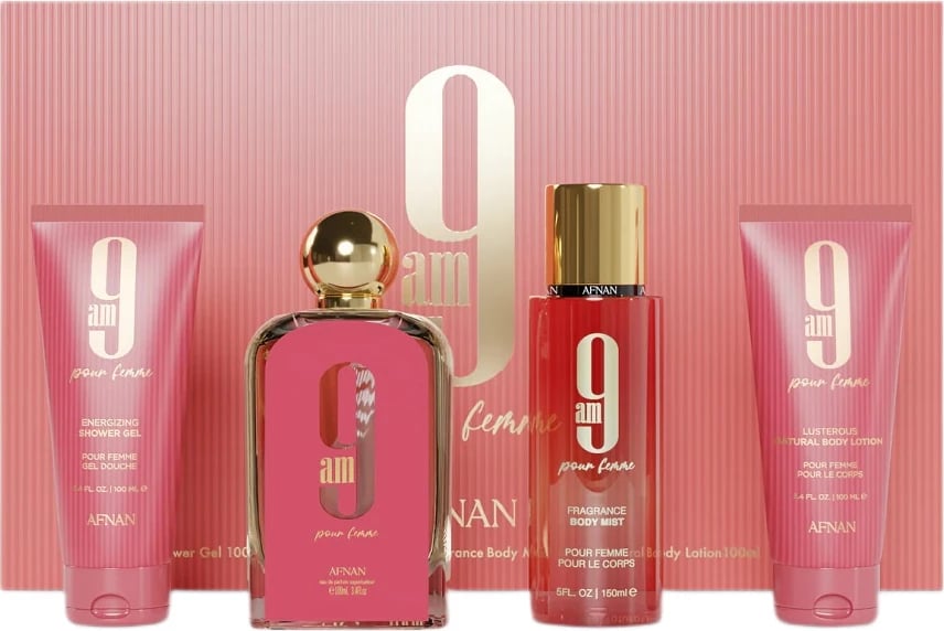 Set dhuratë Eau de Parfum për femra Afnan 9am Pour Femme, 100ml + body mist 150ml + body balm 100ml + shower gel 100ml