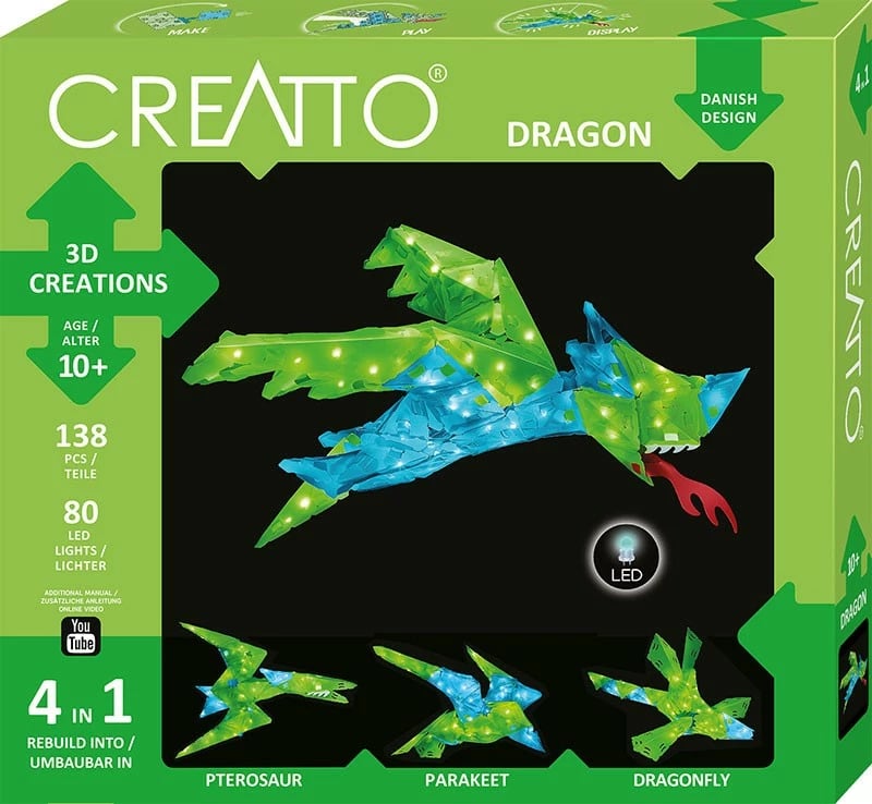 Set kreativ ndërtimi Piatnik Creatto Glowing Dragon, 138 pjesë, me drita LED, Blu/Gjelbër