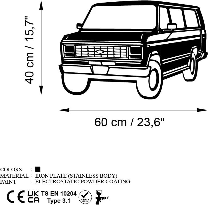 Aksesor dekorativ metalik për mur, Wallity, FORD Club Wagon old van, ngjyrë e zezë, 60x40cm