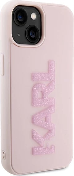 Mbështjellës Karl Lagerfeld 3D Rubber Glitter Logo për iPhone 15 Plus, rozë