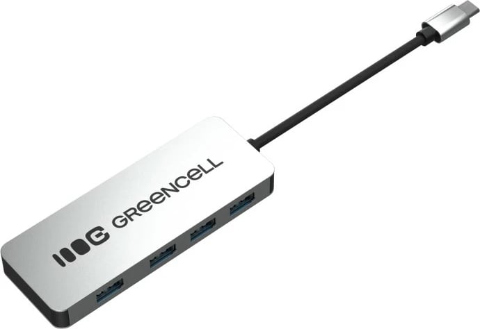 HUB USB-C, Green Cell, HUB-GC-C4A, 4x USB-A 3.0 deri 5 Gb/s, kabllo e integruar 15 cm, argjendtë/zezë