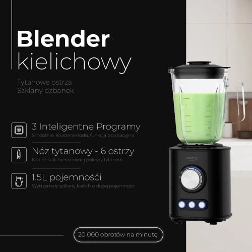 Blender tavoline, Camry CR 4088, enë qelqi 1.5L, tehe çelik inox të veshura me titan (6 skaje), 800W max 1800W, 2 shpejtësi 3 programe, me grirës qelqi 300ml, piano black Blender tavoline, Camry CR 4088, enë qelqi 1.5L, tehe çelik inox të veshura me titan (6 skaje), 800W max 1800W, 2 shpejtësi 3 programe, me grirës qelqi 300ml, piano black