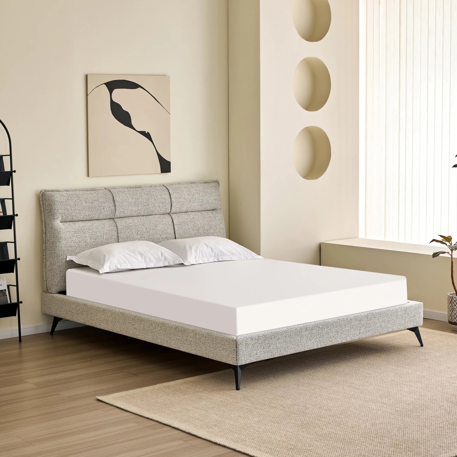 Krevat dopio LIGNUM, stof bezhë, këmbë metalike të zeza, për dyshek 160x200cm