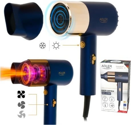 Tharëse flokësh, Adler, AD 2280, 1800 W, 2 shpejtësi 3 temperatura, me koncentrator, gold/navy blue