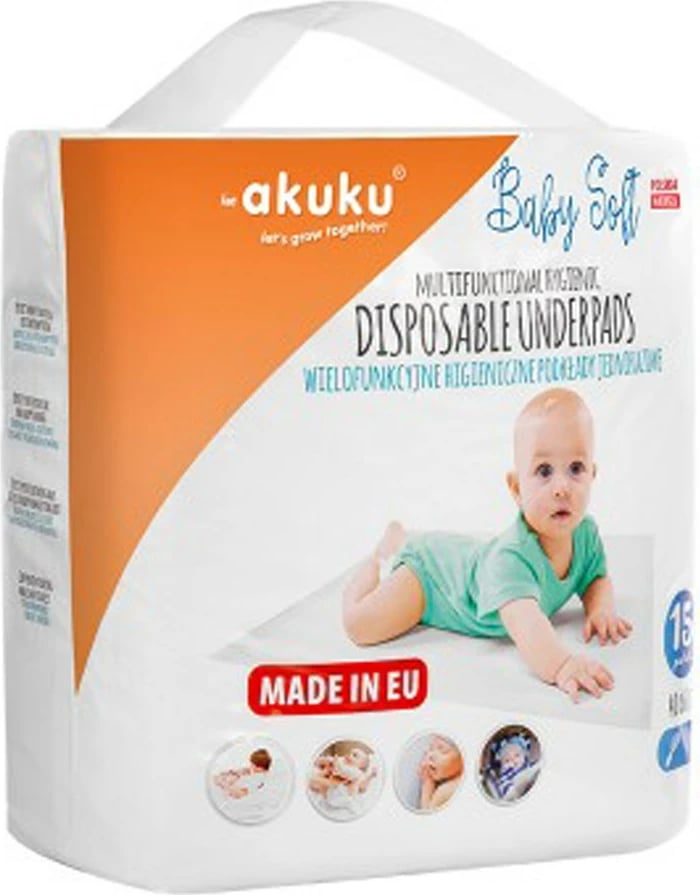Shtroja nënshtrat njëpërdorim, Akuku Baby Soft, 40x60 cm, e bardhë, paketë 15 copë