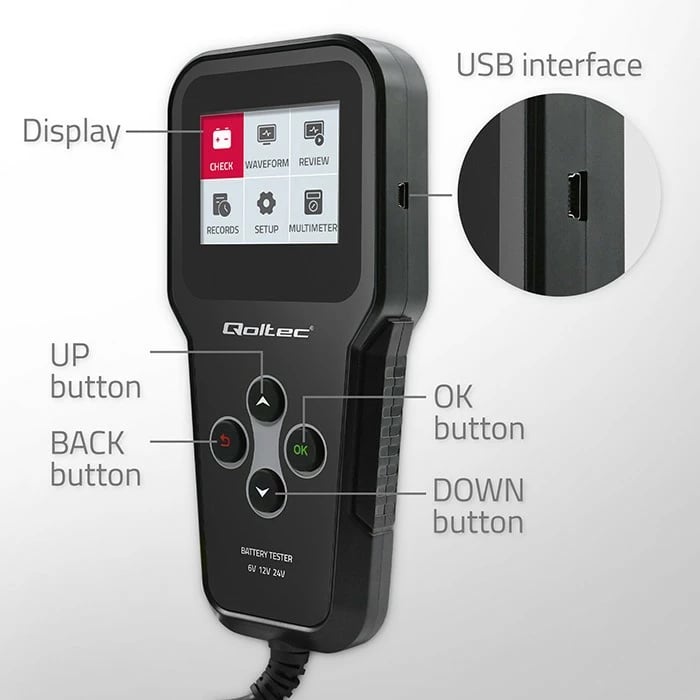 Tester baterie Qoltec 3-në-1, model 52489, LCD, 6V/12V/24V, i zi, me etui