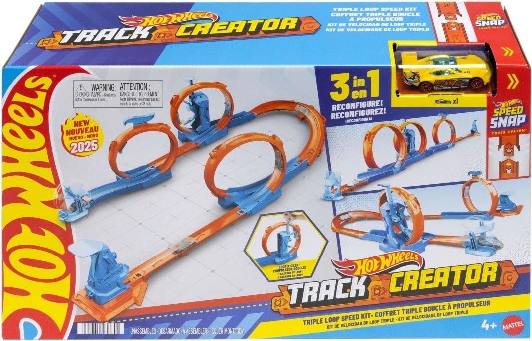 Set pistë garash Hot Wheels Track Creator Triple Loop, me makinë lodër, shumëngjyrëshe