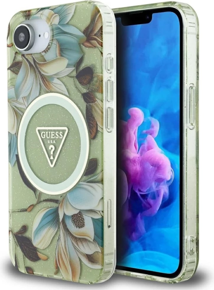 Mbështjellës Guess IML Metal Glitter Flowers Triangle MagSafe për iPhone 16e, Gjelbër