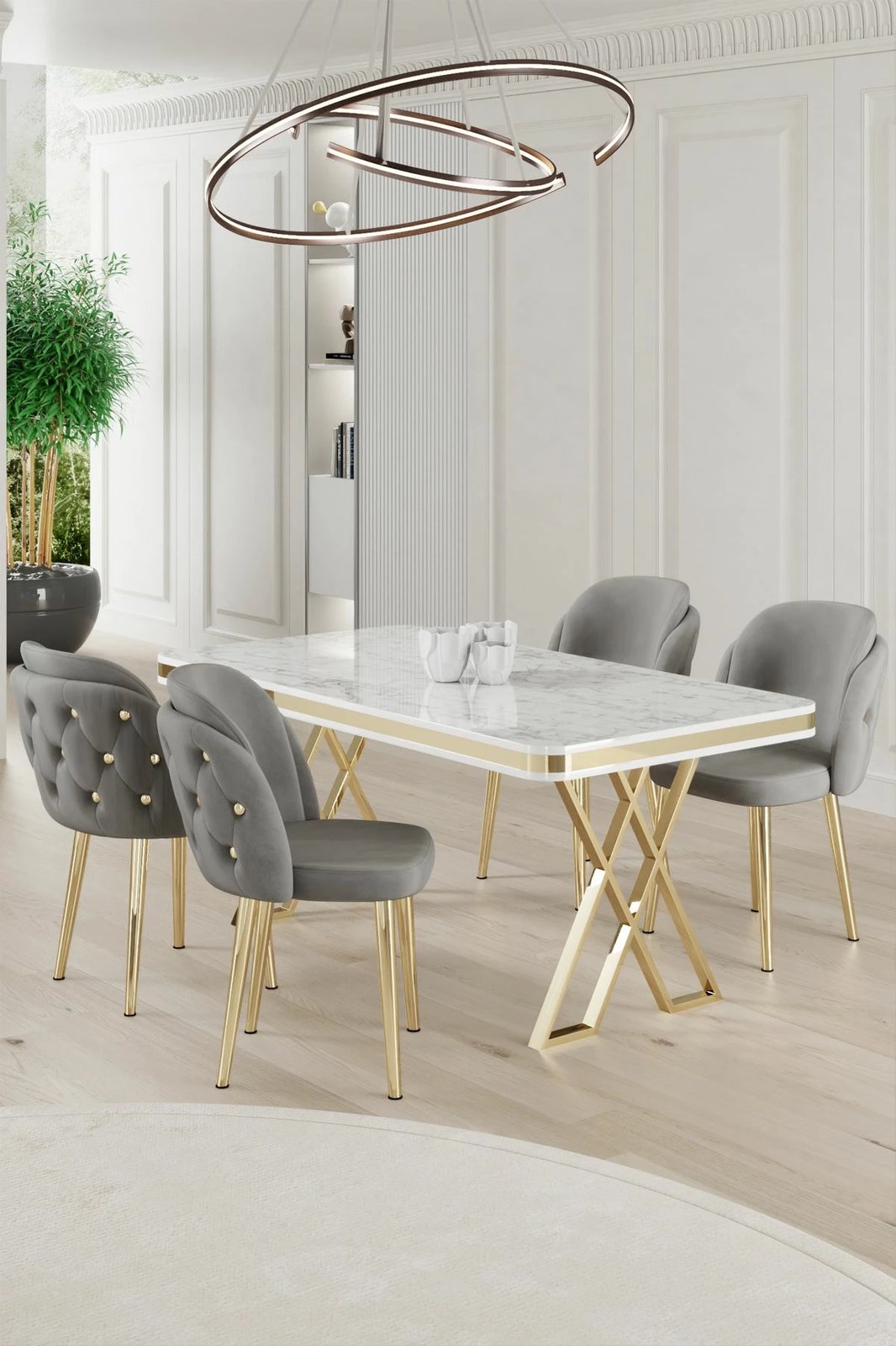 Tavolinë me karrige, 5 copë, Skye Decor Rigel, e bardhë, ari, gri