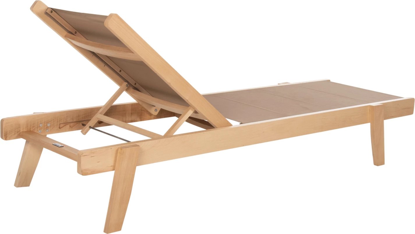 Shezlong profesional për plazh, dru ahu, ngjyrë natyrale & mocha textilene, 200x61-66x31-91H cm, FH10356.05