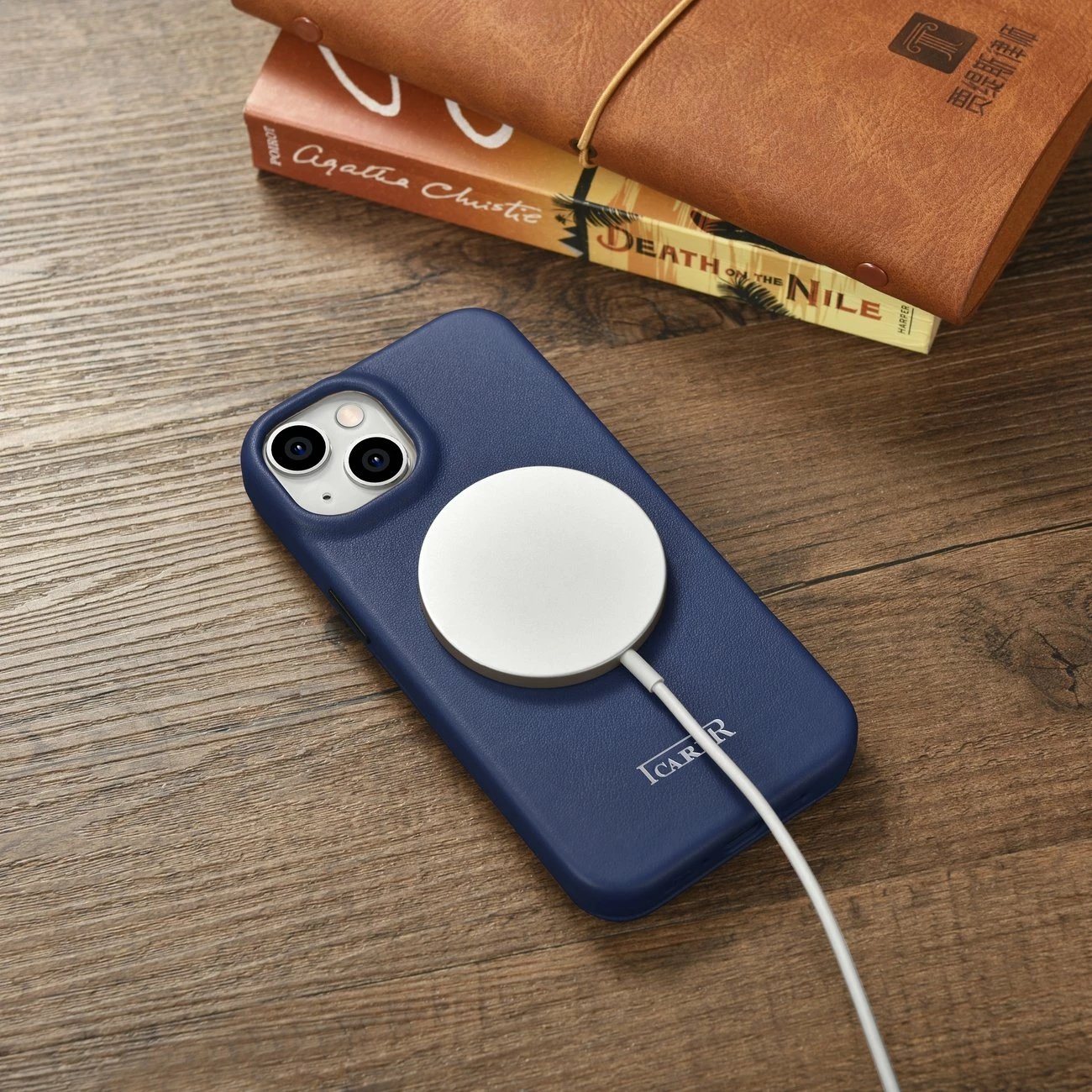 Mbështjellës iCarer CE Premium lëkurë, për iPhone 14 Plus, MagSafe, Kaltër