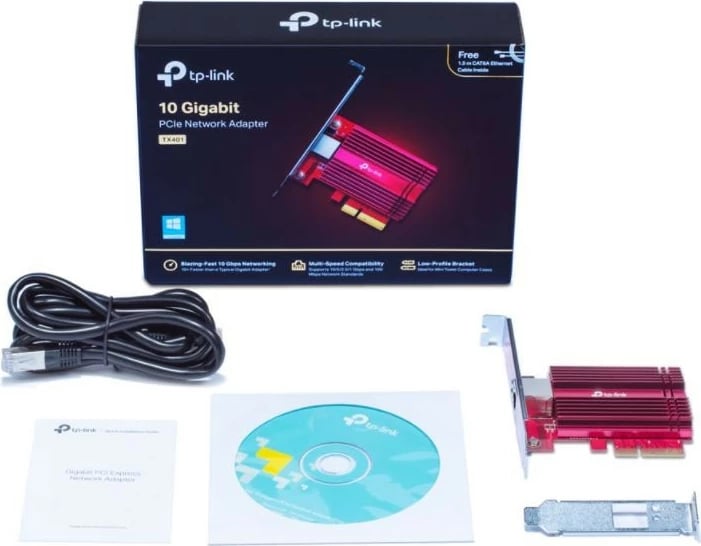 Kartë rrjeti TP-LINK TX401, PCI Express, 10Gbps, me kabllo Ethernet Cat. 6a, E kuqe