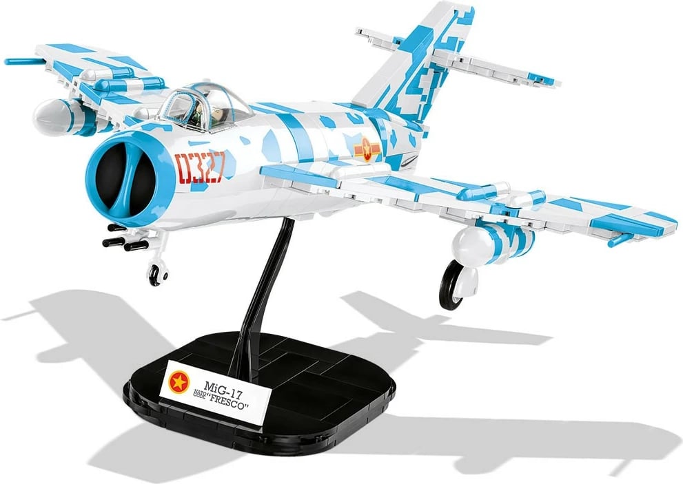 Set ndërtimi Cobi Klocki MiG-17 Fresco, Historical Collection, 577 pjesë, me figurë piloti, Kamuflazh blu-bardhë