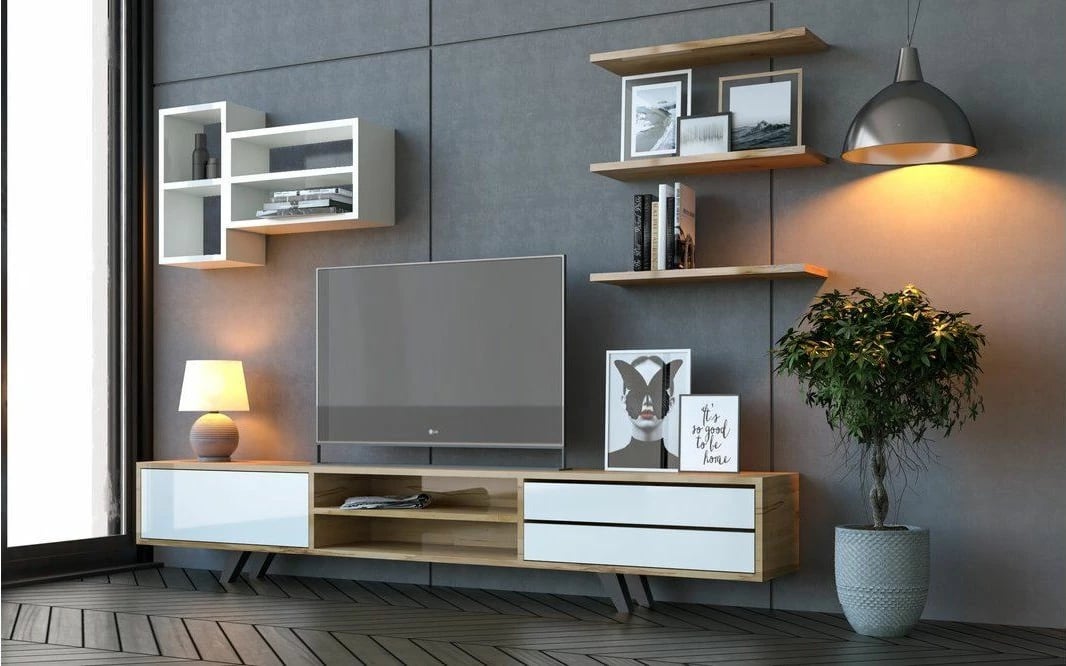 Komodë TV Skye Decor, Rb-065, e bardhë dhe lis, 180x45x40cm