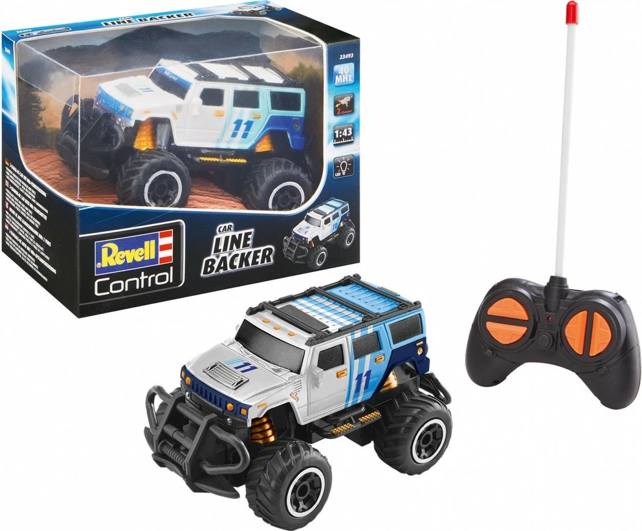 Makine lodër me telekomandë Revell RC Line Backer 23493, plastikë, 1:43, zi/blu/bardhë