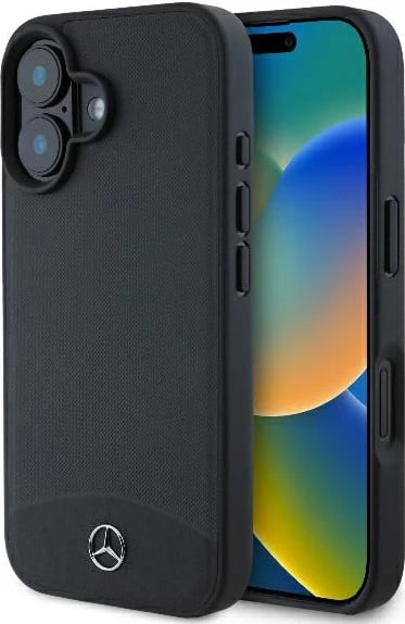 Mbështjellës Mercedes për iPhone 16, MagSafe, lëkurë teksturë dhe e lëmuar, e zezë