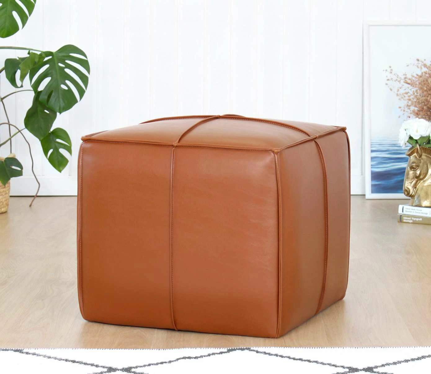 Puf lëkure PU, ngjyrë tan, Atelier del Sofa, Ottowel