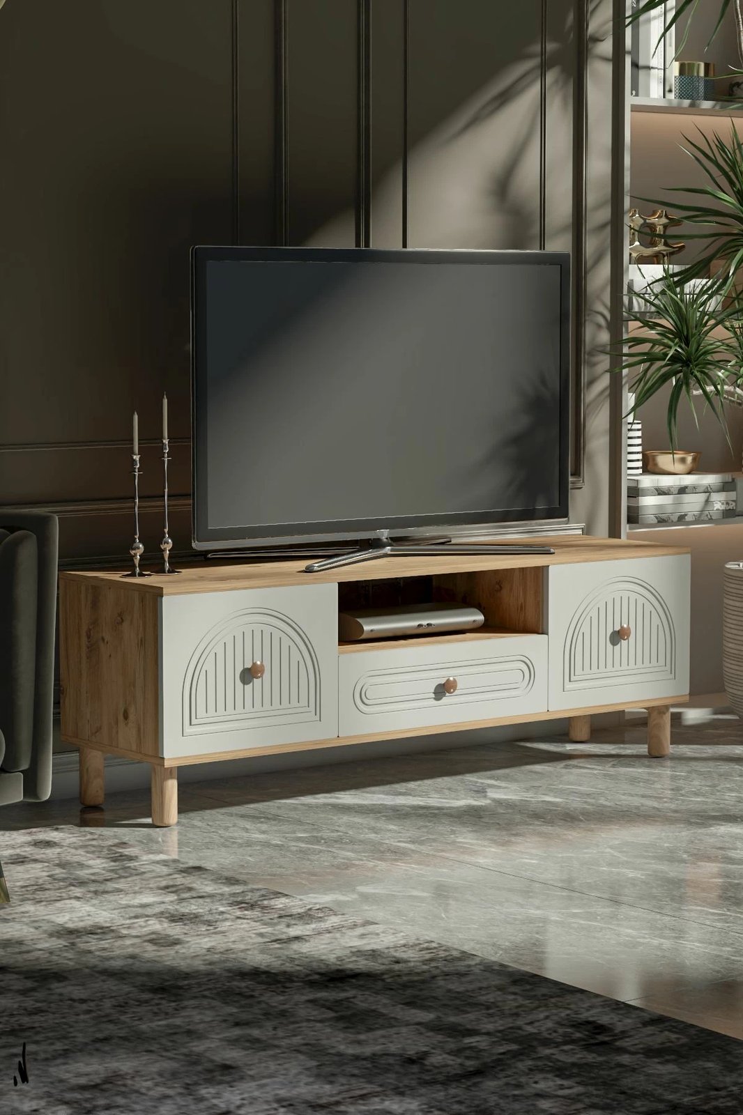 Komodë TV Skye Decor, Arcera 150, ngjyrë Atlantic Pine dhe e bardhë