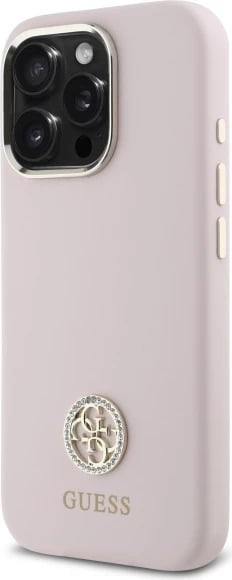 Mbështjellës Guess Silicone Logo Strass 4G për iPhone 16 Pro Max, rozë e çelët