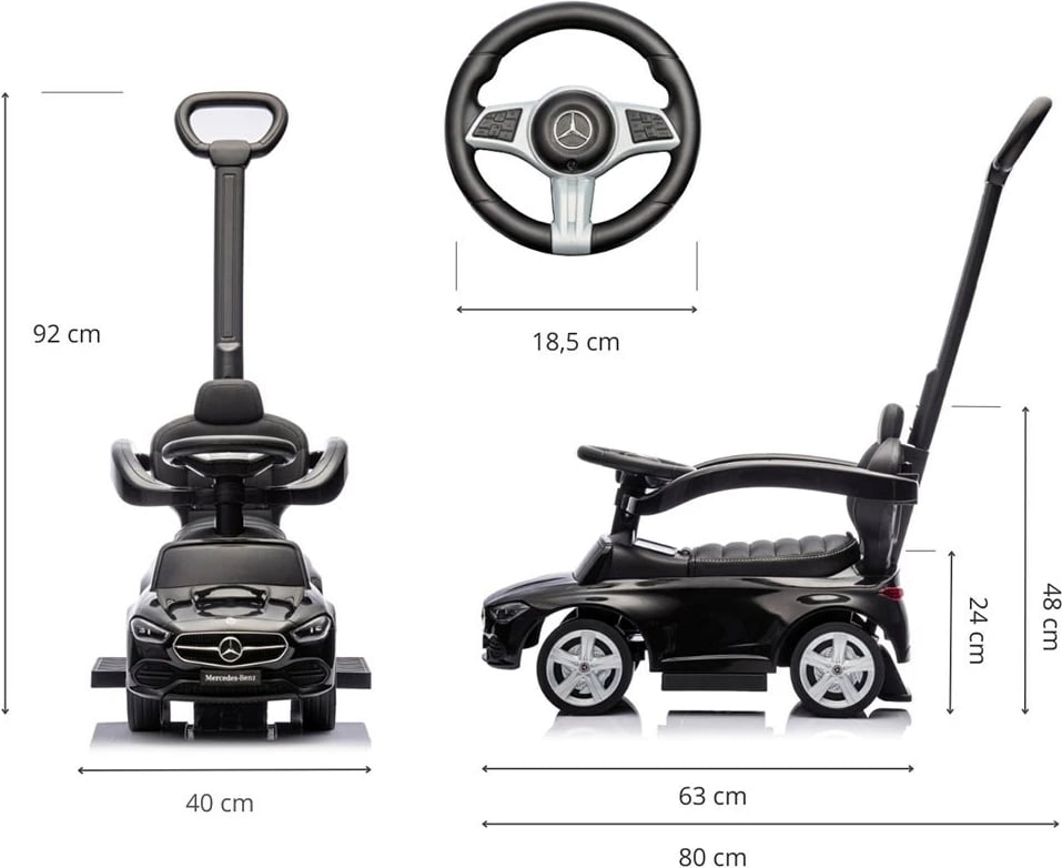 Makinë ride-on me dorezë udhëzuese, Milly Mally, Mercedes C-Class Deluxe, sedilje eko-lëkurë, goma gome, anti-tip, e zezë