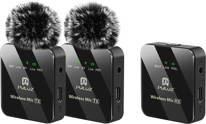 Mikrofon lavalier wireless Puluz PU3154B, 2 transmetues + 1 marrës, i zi