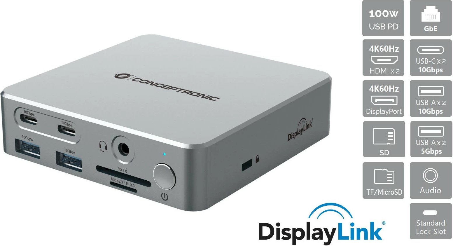 Docking station Conceptronic 15-1 USB-C, 2x HDMI, 2x USB-C, 4x USB-A, 80W, argjend
