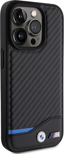 Mbështjellës BMW Leather Carbon për iPhone 15 Pro, i zi