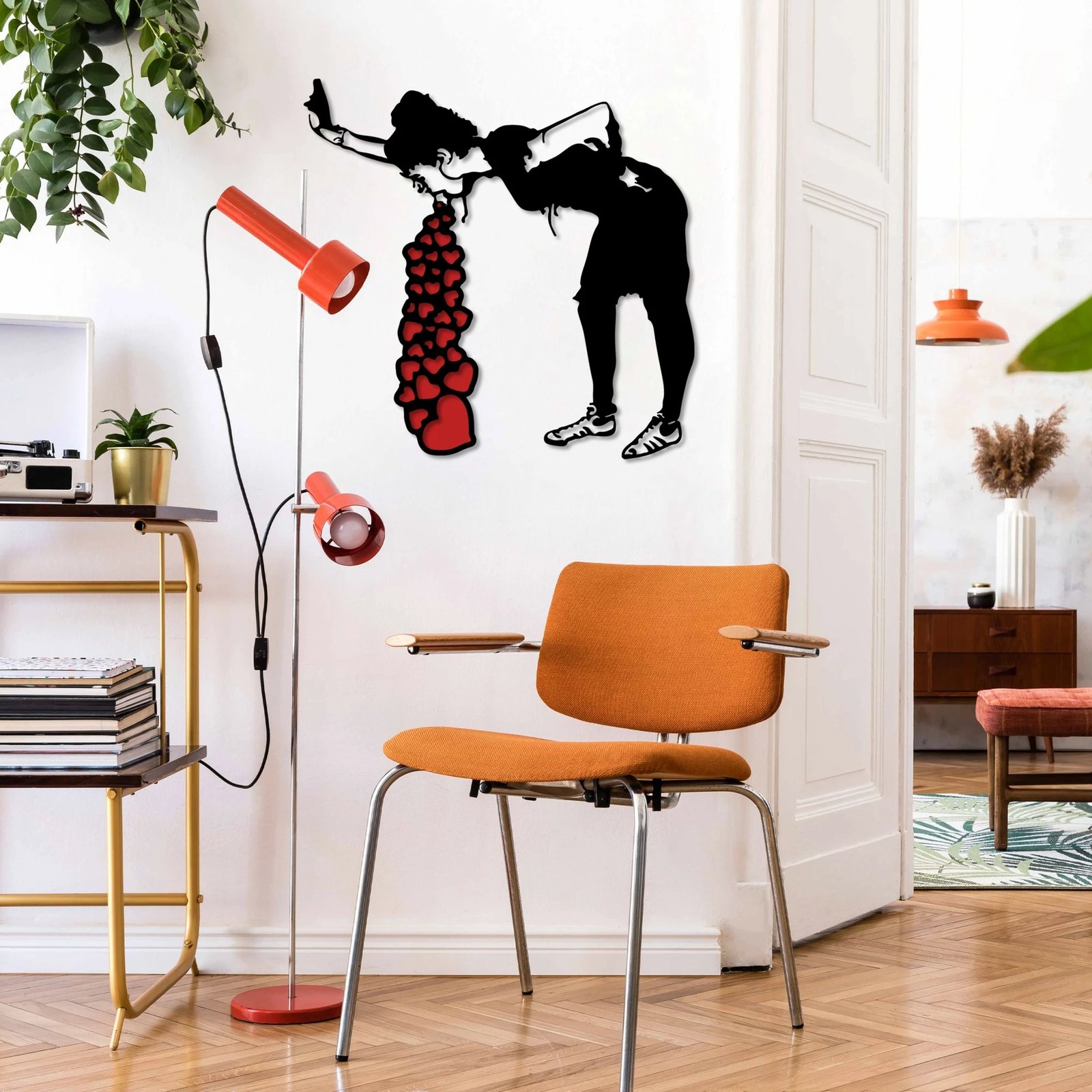 Aksesor dekorativ metalik për mur, Banksy 12, zi e kuqe, 63x61cm