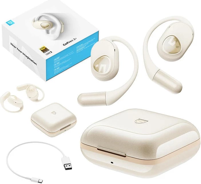 Kufje TWS Soundpeats GoFree2+, Bluetooth 5.3, IPX5, 16.2mm, e bardhë/bezhë