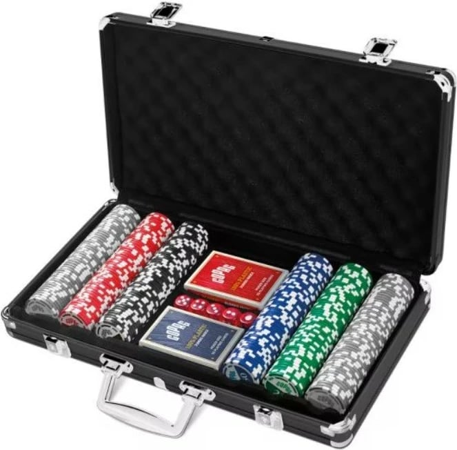 Set poker Cartamundi 300 çipa, me kuti metalike, shumëngjyrëshe