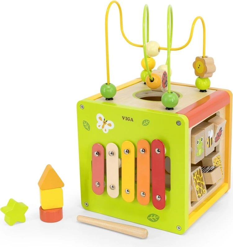 kub edukativ 5-në-1, Viga, dru, me ksilofon, sorter formash, labirint me rruaza dhe kube rrotulluese, multingjyrëshe