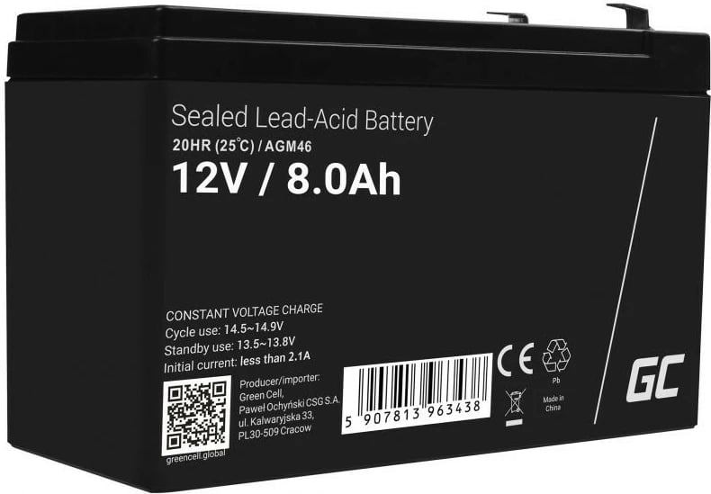 Bateri rikarikueshme Green Cell AGM46, 12V 8Ah, e zezë