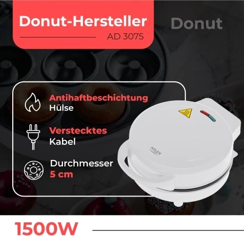 Aparat donutash Adler AD 3075, 7 donutë, diametër 5 cm, 1000W, e bardhë